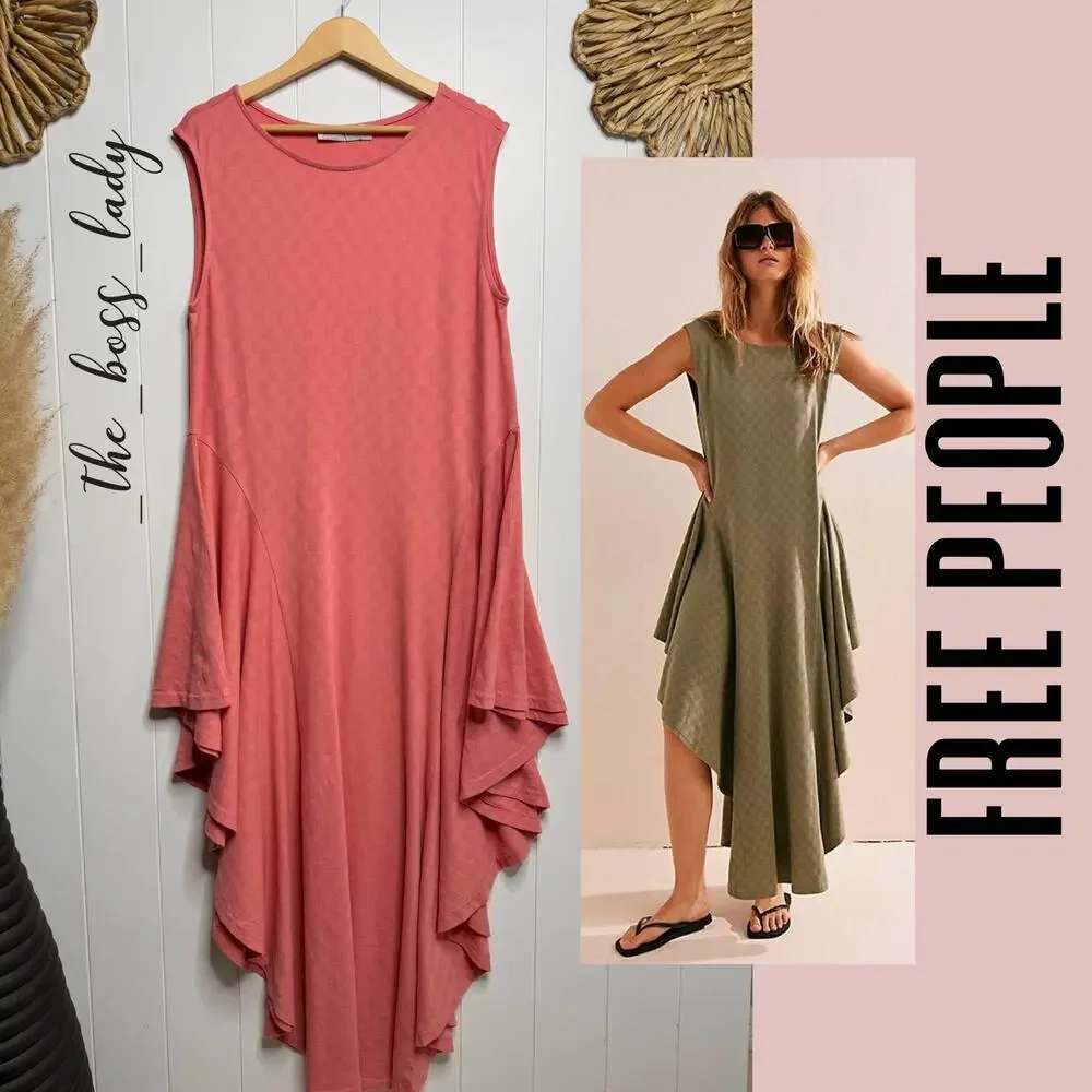 Free People dress Small midi asymmetrical textured ruffle boho cotton